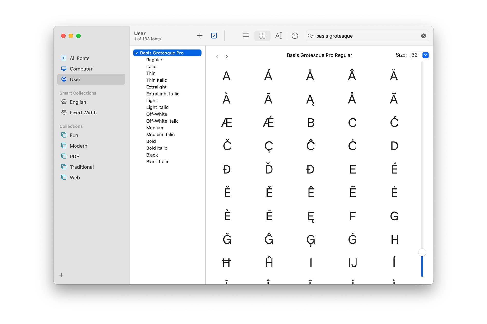 fontbook glyph panel