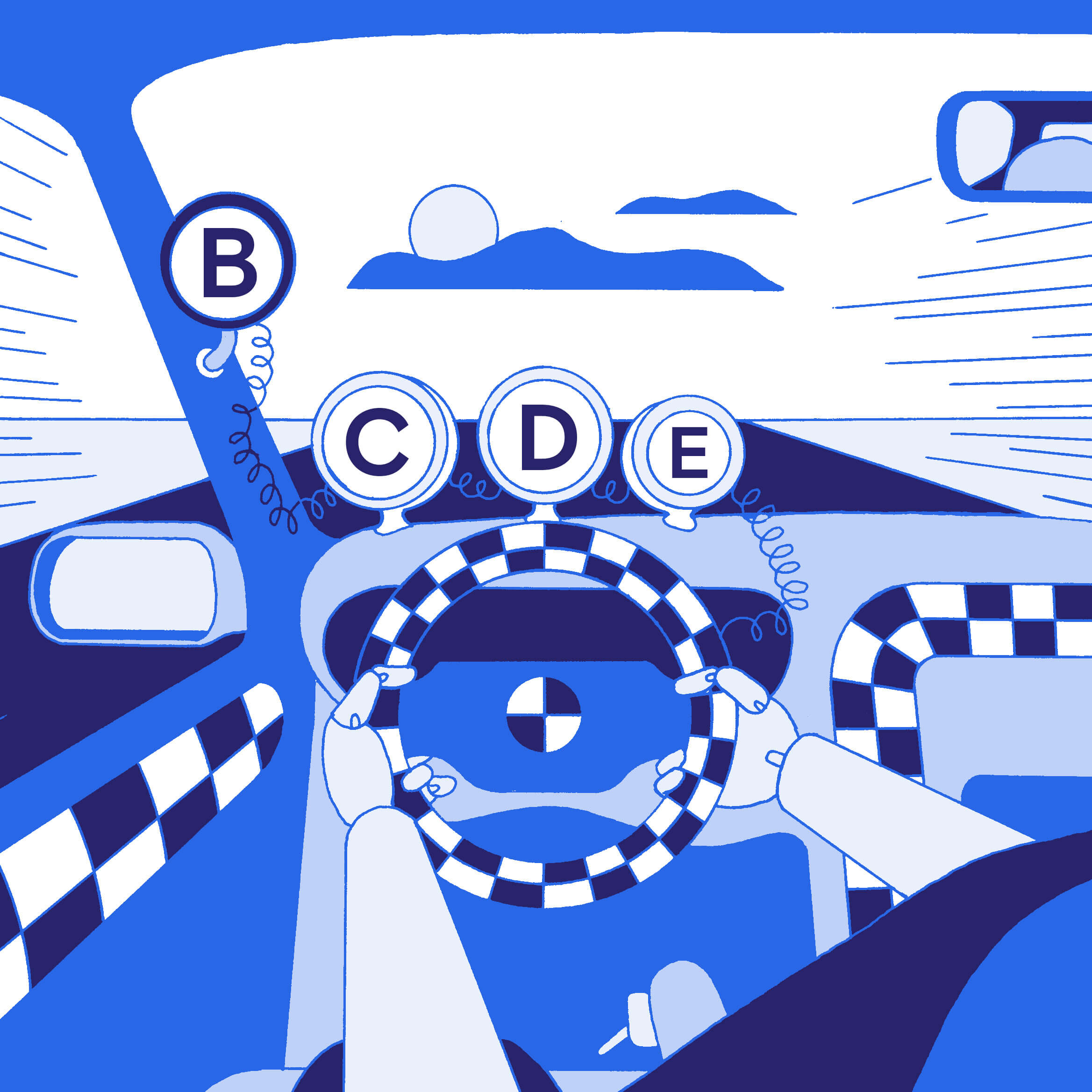 illustration of the point of view of a driver within a car with various typographical elements in place of dials, and a sunset in the distance